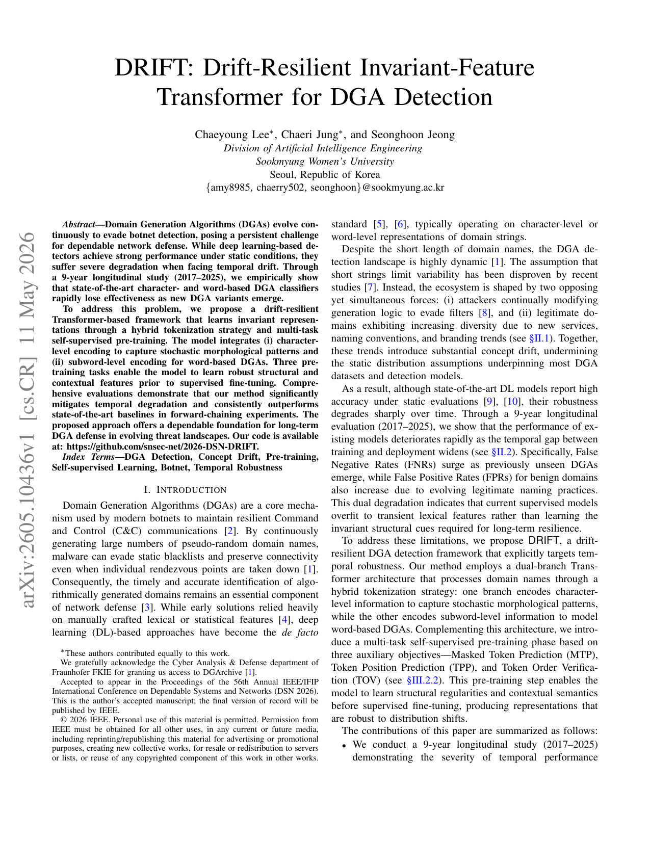 DRIFT: Drift-Resilient Invariant-Feature Transformer for DGA Detection — page 1